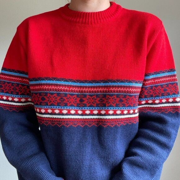 Vintage 90s David Gregg Fair Isle Red Blue Oversized Grandpa Sweater Sz L - Picture 6 of 7